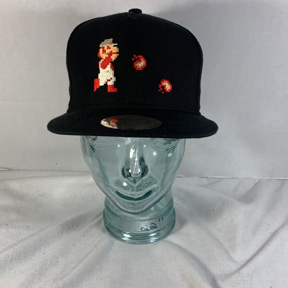 Mens Black Super Mario Bros. Snapback Cap with Retro Game Design